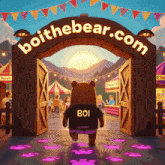 a cartoon illustration of a bear wearing a black shirt with the word boi on it