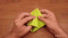 a person is making an origami frog with a green paper