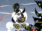 a cartoon drawing of a monster with the number 145 on its head