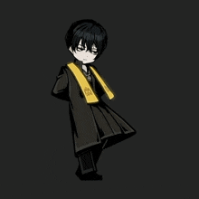 a man in a black coat with a yellow patch that says " nk " on it