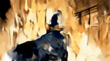 a police officer is standing in front of a burning building in a painting .