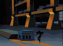 a cartoon car is parked in front of a large building