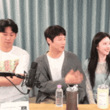 a group of people are sitting at a table with a microphone in front of them .