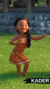 a cartoon girl is dancing in the grass with the name kader on the bottom