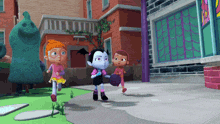 a group of cartoon characters are running down a sidewalk in front of a building