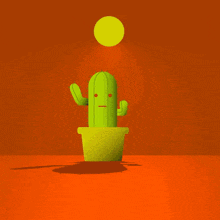 a green cactus with red eyes and a yellow sun in the background