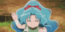 a little girl with blue hair is waving her hand