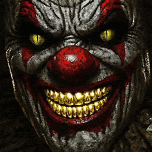 a scary clown with gold teeth is smiling