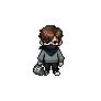 a pixel art character with a mask on his face is holding a bag .