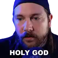 a man with long hair and a beard has the word holy god written on his face