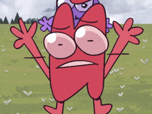a red cartoon character with a purple flower on his head stands in a field