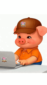 a cartoon pig wearing an orange shirt and brown hat is typing on a laptop