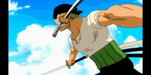a man in a white shirt is holding two swords