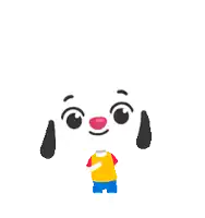 a cartoon dog wearing a yellow shirt and blue shorts with a red nose .