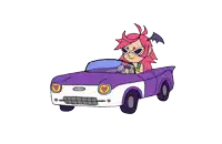 a cartoon character is driving a purple car with hearts on the headlights