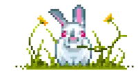 a pixel art of a rabbit in the grass with yellow flowers