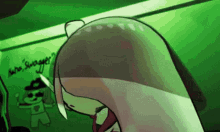 a cartoon character is standing in front of a green wall that says " pure swagger " on it