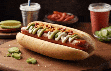a hot dog sitting on a wooden cutting board