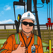 a cartoon drawing of a man wearing a hard hat that says api on it