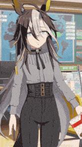 a cartoon character with long hair and glasses is standing in front of a map of the world