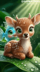 a deer and a fish are sitting on a leaf with water drops on it
