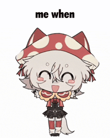 a drawing of a girl with a mushroom hat and the words me when below her