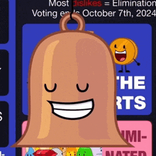 a cartoon bell is smiling in front of a sign that says most dislikes = elimination