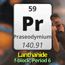 a man pointing at a periodic table of praseodymium