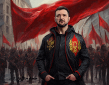 a painting of a man in a black jacket with a red emblem that says ' ukraine ' on it