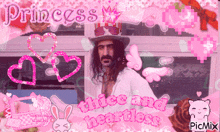 a man in a hat is surrounded by pink hearts and the words thick and heartless