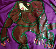 a drawing of a monster with a purple background