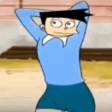 a cartoon character in a blue sweater and blue shorts is dancing .