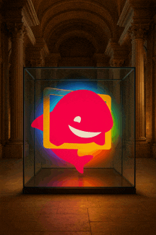 a glass display case with a colorful whale inside