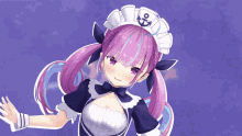 a girl with purple hair is wearing a maid outfit