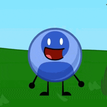 a blue cartoon character with arms and legs is smiling