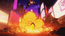 a cartoon illustration of a city with a huge explosion and a sign that says ' a ' on it