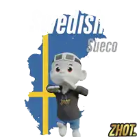 a cartoon character standing in front of a swedish map