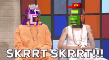 a man with a mcdonald 's hat on his head is sitting next to another man with a pixelated face