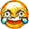 a pixel art of a crying smiley face with tears running down its eyes .