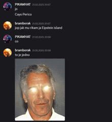 a screenshot of a chat with a picture of epstein island