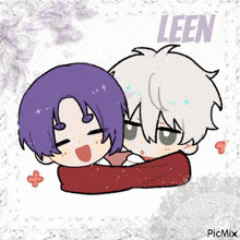 a drawing of a boy with purple hair hugging another boy with white hair and the name leen on the bottom