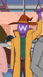 a cartoon character with a hat and a purple head with the letter w on it