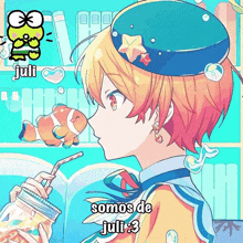 a girl is drinking from a mason jar with a straw and the words somos de juli 3 on the bottom