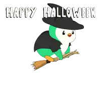 a penguin in a witch costume is flying on a broom