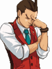 a pixel art of a man in a red vest and tie with his hand on his forehead
