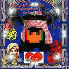 a picture of a woman in a hijab and a camel with the words picmix on the bottom right