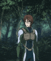 a man in a green and white suit is standing in a dark forest