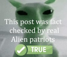 a picture of an alien with the words this post was fact checked by real alien patriots below it