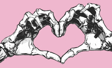 a black and white drawing of skeleton hands making a heart shape
