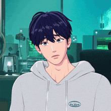 a drawing of a boy wearing a white hoodie with the word plave on it